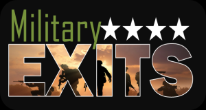 Military Exits logo: stencil font with camo pattern over top.